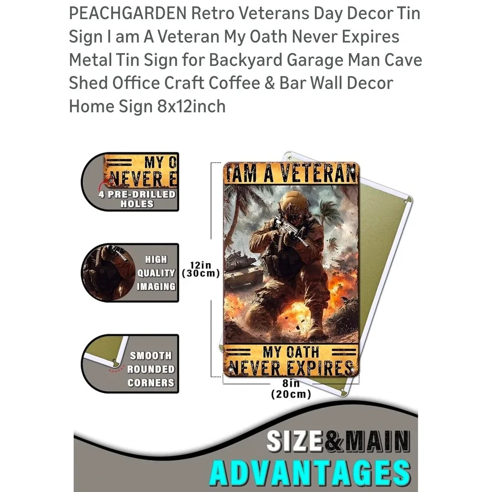 PEACHGARDEN I Am A Veteran My Oath Never Expires Metal Tin Sign 8x12 Retro Decor